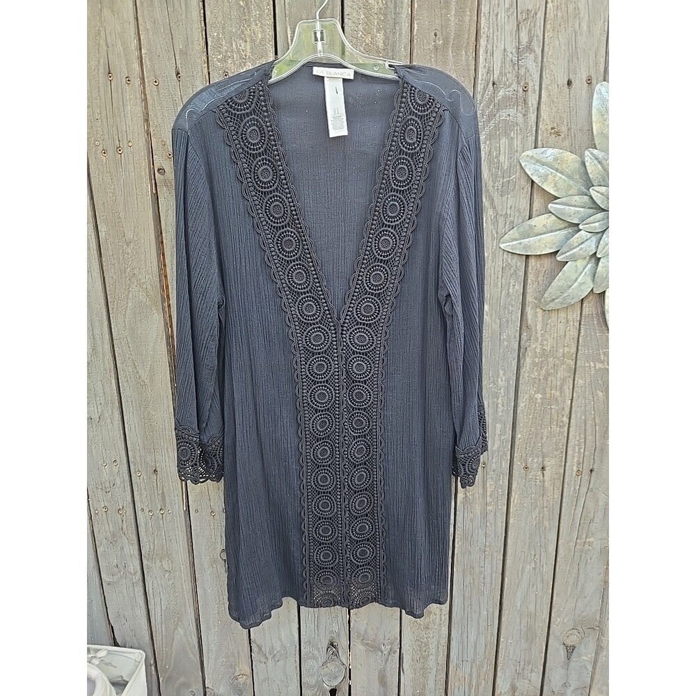 La Blanca Womens Medium Black Crochet Cover Up Dress Sheer Low V Neck Swim